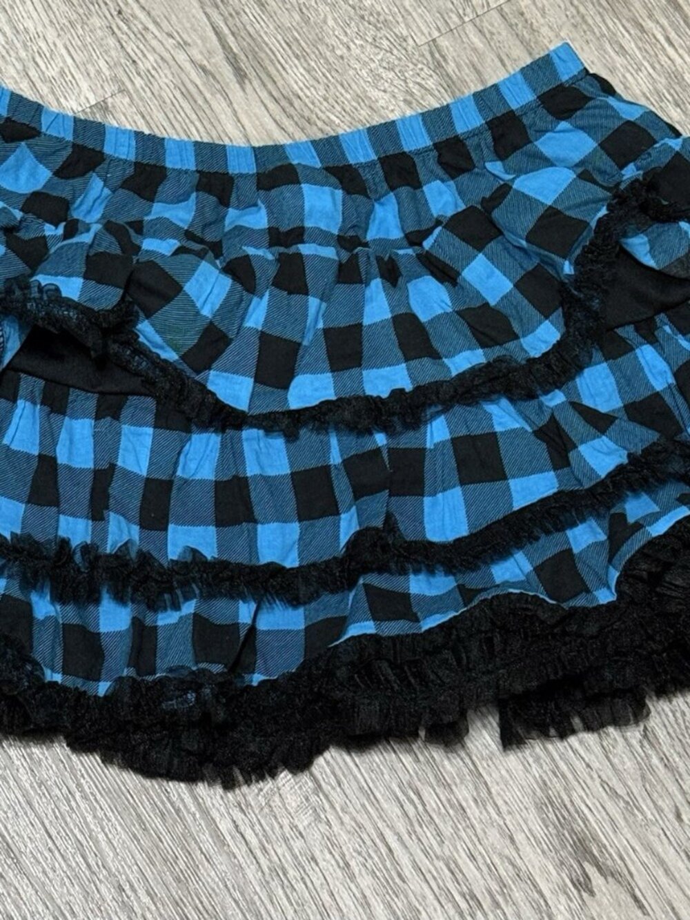 Blue Black Checkered Tiered Ruffle Mini Skirt Lace Trim Punk Goth Scene - Picture 2 of 3